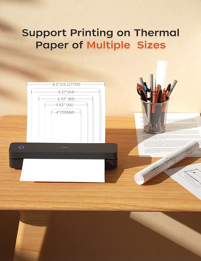 PRT Portable Printer Wireless for Travel, Thermal Inkless Small Bluetooth Mobile Printer, Support 8.5" X 11" US Letter, A4, Compatible with Phone, Laptop for Office,Vehicles, Home Use, 300 DPI, Black