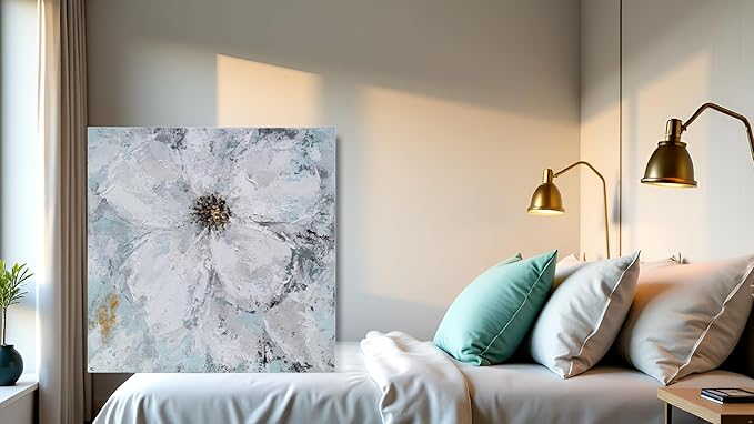 Yihui Arts White Flower Painting - Hand Painted Grey Floral Canvas Wall Art for Home Decor
