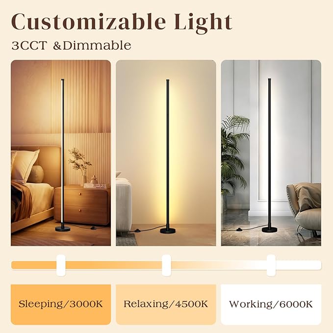 Corner Lamp, Minimalist Floor lamp with Remote Control, Dimmable Corner Light,Corner Floor Lamp for Living Room, Bedroom, Home Office, 7 Color Temperature 3000K-6000K (black-56.7in, 1 Pack)
