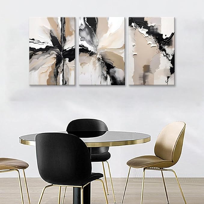 LYPHNX Framed Black and Brown Abstract Geometric Canvas Wall Art Modern Grey White Beige Print Poster Set of 3 Painting Terracotta Brush Strokes Picture Home Decor for Bathroom Bedroom Office 12"x16"