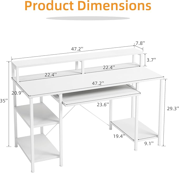 VERMESS 48 Inch Computer Desk, Home Office White With Keyboard Tray, Gaming With Full Monitor Stand, Storage Shelves & CPU Stand, Modern Study Writing Table Studio Work With Shelf