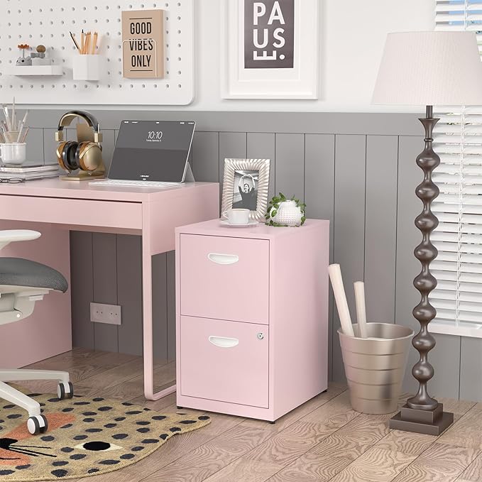 2 Drawer File Cabinet with Lock,Pink Metal Office Drawers Filing Cabinets for Home Office, Two Drawer Under Desk File Cabinet for Hanging Letter,Easy Assemble