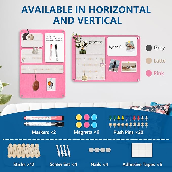 DOLLAR BOSS 3-in-1 Foldable Bulletin Board 16"x24" Horizontal- Magnetic Whiteboard with Cork & Acrylic Shelves, Sound-Absorbing Felt for Home/Office/Dorm Includes Pins/Magnets (Pink)