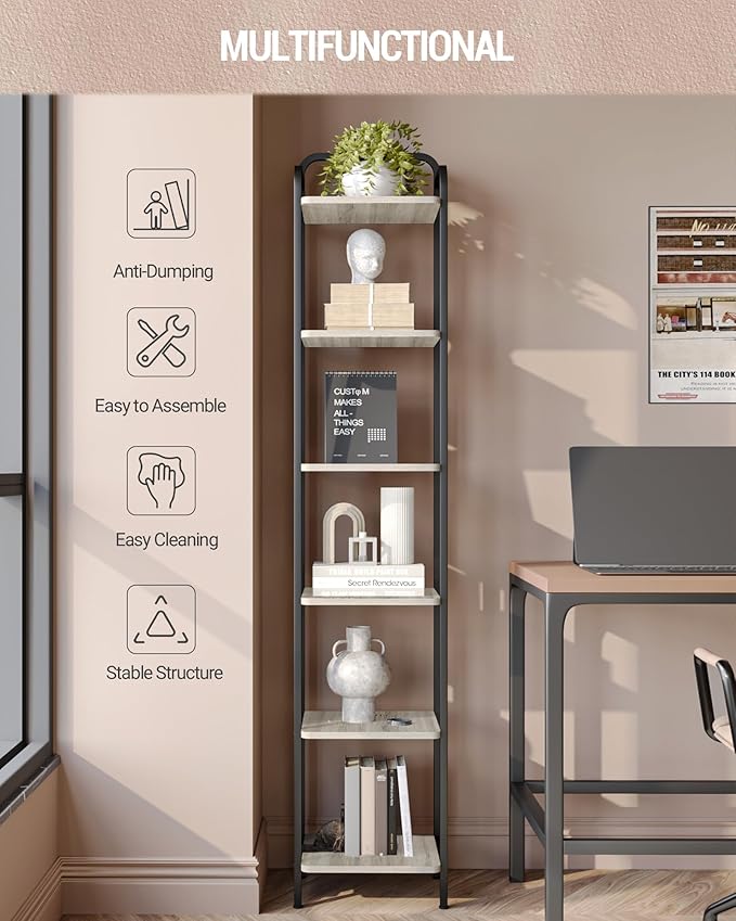 Bookcase Bookshelf, Narrow Book Shelf, Industrial Corner Shelf Storage Organizer, Slim Shelving Unit for Home Office, Living Room, Bedroom, Kitchen, 6-Tier Greige and Black BC24605B