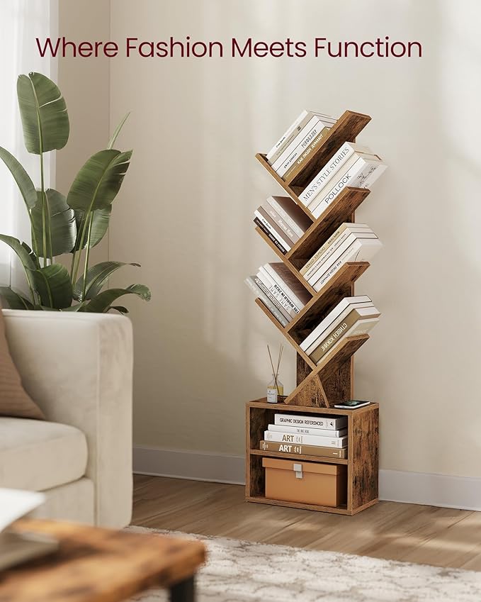 VASAGLE Custos Collection - Tree Bookshelf, Modern Bookcase, Floor Standing Book Shelf, for Bedroom, Living Room, Home Office, 2 Open Compartments, 8 x 15 x 48.5 Inches, Rustic Brown ULBC607K01