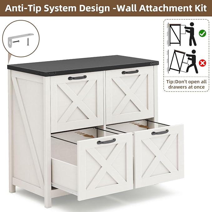 Farmhouse File Cabinet, Lateral Filing Cabinet with 4 Drawers for Letter/A4 Size Hanging Files, Wooden Printer Stand File Storage Cabinet for Home Office Cabinets, White and Black