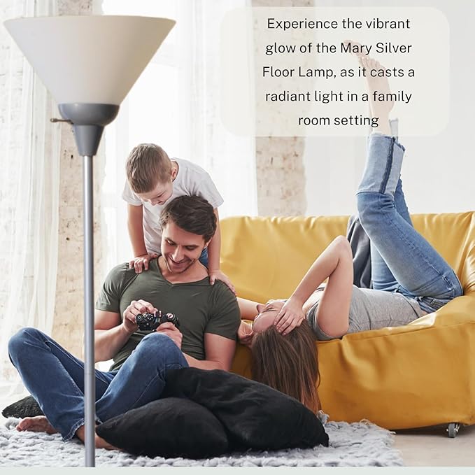 LIGHTACCENTS Mary Torchiere Floor Lamp – Silver Standing Lamp with White Shade and Rotary Switch, Modern Pole Light for Living Room, Bedroom, Office, or Dorm – Slim Minimalist Design