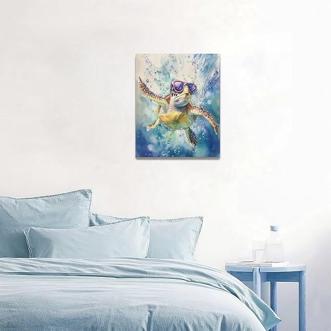 Sea Turtle Bathroom Decor Funny Turtle Ocean Bathroom Wall Art Sea Turtle Nautical Pictures Prints Turtles Gift Painting Sea Turtles Framed Artwork for Bedroom Living Room 16"x20"