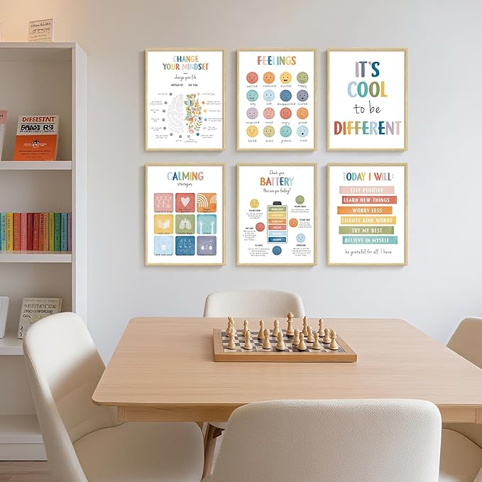Framed Inspirational Wall Art, 6 Piece Motivational Canvas Wall Art Prints for Therapy Office, Positive Affirmations Wall Decor for Counseling Office Psychologist Kids Playroom, 11x14 Inch