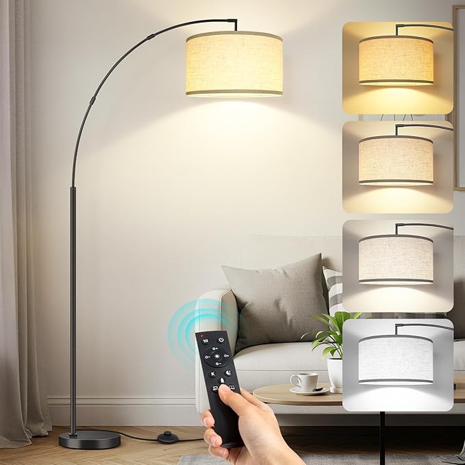 OUTON 81" Arc Floor Lamp, 12W 1080LM LED Dimmable Floor Lamp with 16" Beige Lampshade, Remote Control & Foot Switch, 4 Colour Temperatures, Tall Standing Lamp for Living Room Bedroom Office, Black