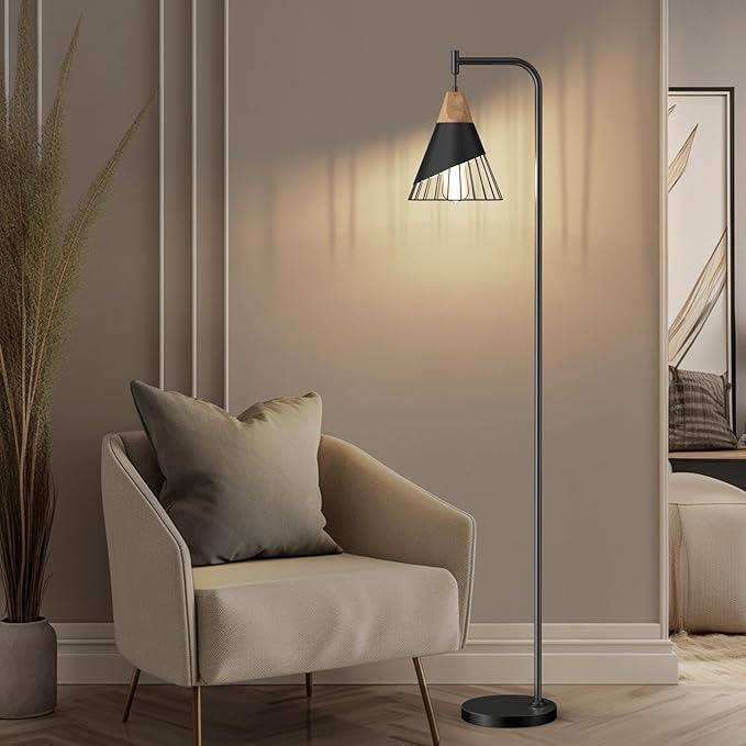 67" Industrial Floor Lamp with Wood & Black Metal Shade, Modern Standing Lamp, Rustic Farmhouse Tall Lamp for Living Room Bedroom Office, 2700K Bulb & Foot Switch Included (Black)
