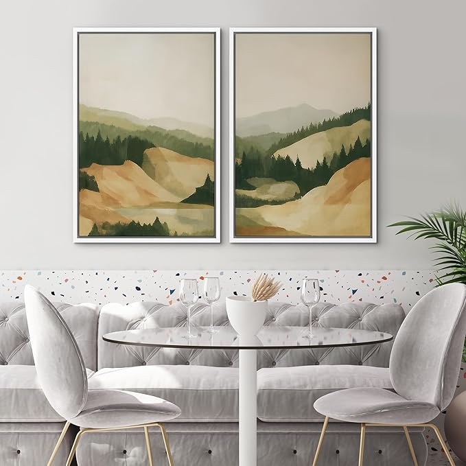 SIGNWIN Framed Canvas Print Wall Art Set Green and Beige Forest Hills Nature Mountain Landscape Illustrations Modern Art Decorative Multicolor for Living Room, Bedroom, Office - 24"x36"x2 White