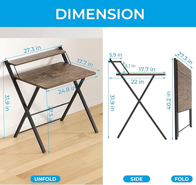 GreenForest No Assembly Folding Desk, 2-Tier Compact Computer Desk with Shelf, Space Saving Foldable Table for Home Office, Dorm or Apartment, Portable Collapsible Sturdy Laptop Desk, Brown