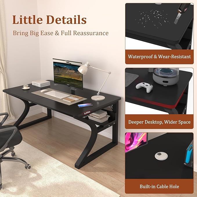 Computer Desk, 47'' Home Office Desks with Storage, Computer Desk with Metal Frame for Home Office Bedroom, Study Writing Desk with Shelf, Work Table for Small Spaces, Wood Desks with Cable Management