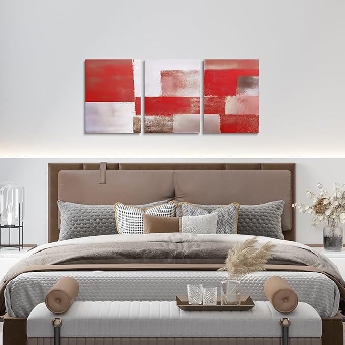 jejeloiu Modern Art 3 Piece Canvas Wall Art for Living Room Bedroom Abstract Art Picture Wall Decor 12"x16"x3pcs Red Abstract Oil Painting Office Decorations Artwork Posters
