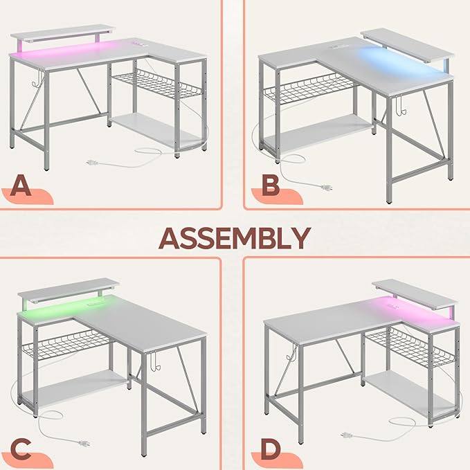 Bestier White Computer Desk with Charging Port & LED Strip,42 inch Modern Gaming Desk with Reversible Storage Shelves,Small L Shaped Desk with Hooks for Home Office