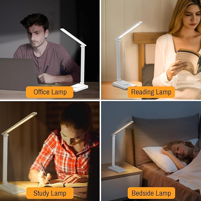 ErayLife Rechargeable LED Desk Lamp, 800LM 2600mAh Reading Table Lamp, 5 Color Modes with 5 Brightness, Aluminum Bedside Lamp with USB Charging Port for Study Home Office, White