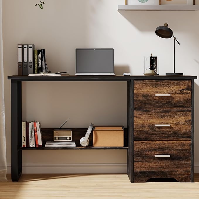 Small Computer Desk with Drawers, 47 Inch Home Office Desk with 3 Drawers & Bottom Shelves, Study Desk with Storage for Bedroom, Writing and Work, Black and Brown