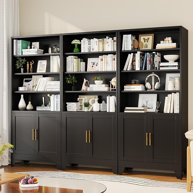 Metal Bookcase with Doors, 71" Tall Bookcase with Storage, Floor Industrial Bookshelves and Bookcases 6 Tier Shelf Dispaly Storage Shelves for Home Office, Living Room, Bedroom, Black