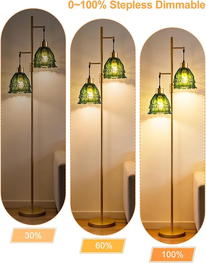Lightdot 65IN Glass Floor Lamp for Living Room, 2- Light Gold Flower Floor Lamps with Green Glass Lampshade, 3000K Warm White Modern Standing Tall Lamp for Bedroom Corner