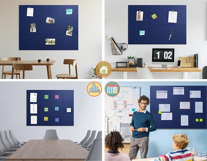 Felt Wall Tiles Bulletin Board Large Cork Board Alternative 12 Pack 11.81”x11.81”x0.47” Felt Pin Board Tack Board with Safe Removable Adhesive Tabs for Home Office School 48x36(Dark Blue)