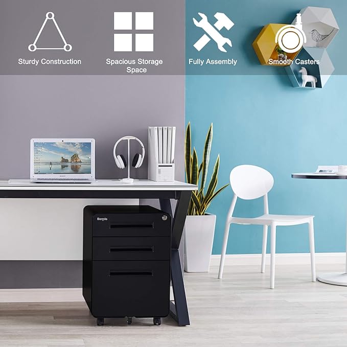 Bonnlo 23.8" H 3 Drawer Rolling File Cabinet With Lock, Mobile Under Desk With Pencil Tray, Black Locking for Home Office, Metal Filing Printer Stand Fully Assembled