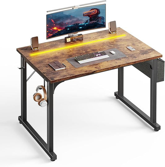 32 Inch Computer Desk with LED Lights for Small Spaces, Office Desk for Home Office, Study Desk Writing Table with Storage Bag, Headphone Hook, Rustic Brown