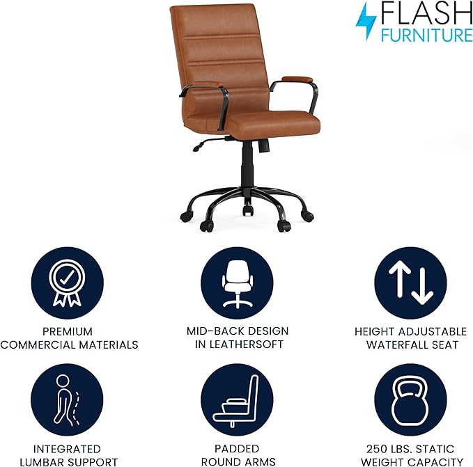 Flash Furniture Whitney Mid-Back Desk Chair - Brown LeatherSoft Executive Swivel Office Chair with Black Frame - Swivel Arm Chair