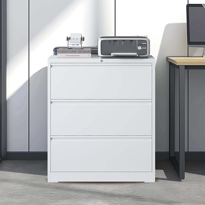 3 Drawer Vertical File Cabinet with Lock, Metal Lateral Filing Cabinet with Hanging Letter/Legal/A4 Folders, Locking Steel Cabinet for Home, Office, Assembly Required - White