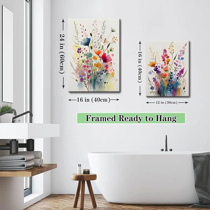 KISSFOX 3 Piece Canvas Wall Art Wildflowers Wall Decor Floral Pictures Botanical Paintings Colorful Prints Watercolor Artwork For Bedroom Bathroom Living Room