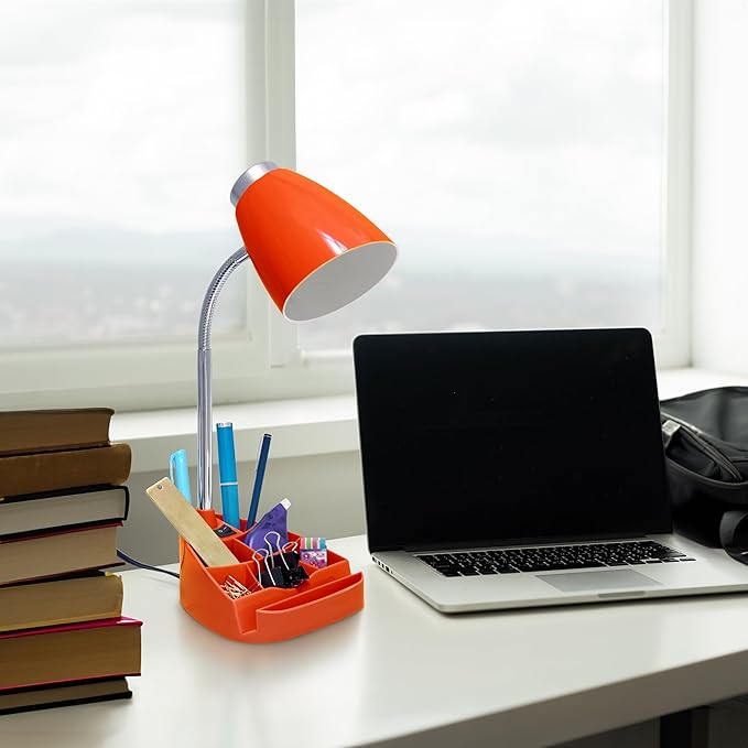 Simple Designs LD1067-ORG Compartmental Desk Lamp with iPhone/iPad/Tablet Stand, Bendable Gooseneck, for Office, Living Room, Nightstand, Library, Entryway, Orange