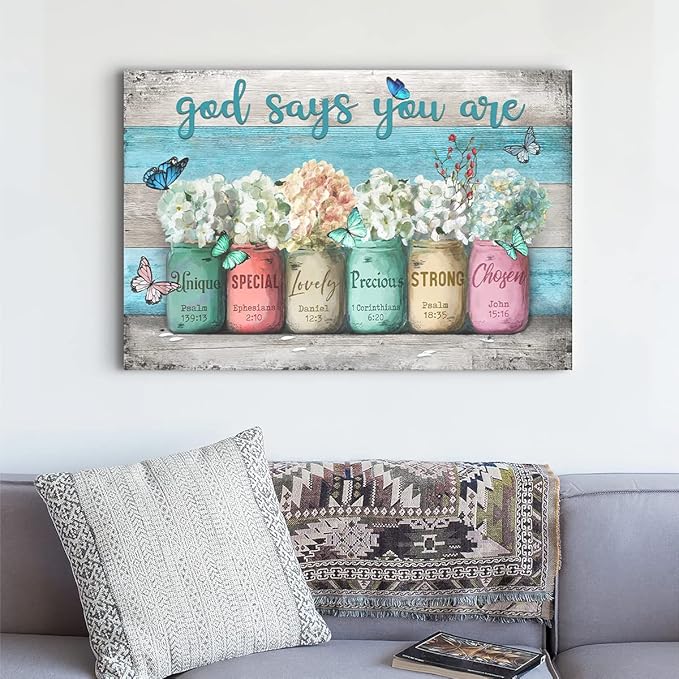 Parylore Inspirational Canvas Wall Art Encouraging Bible Verses On Cute Marson Jars and Butterflies God Says You Are Modern Artwork for Living Room Bedroom Bathroom Office Home Decor 12x16 In