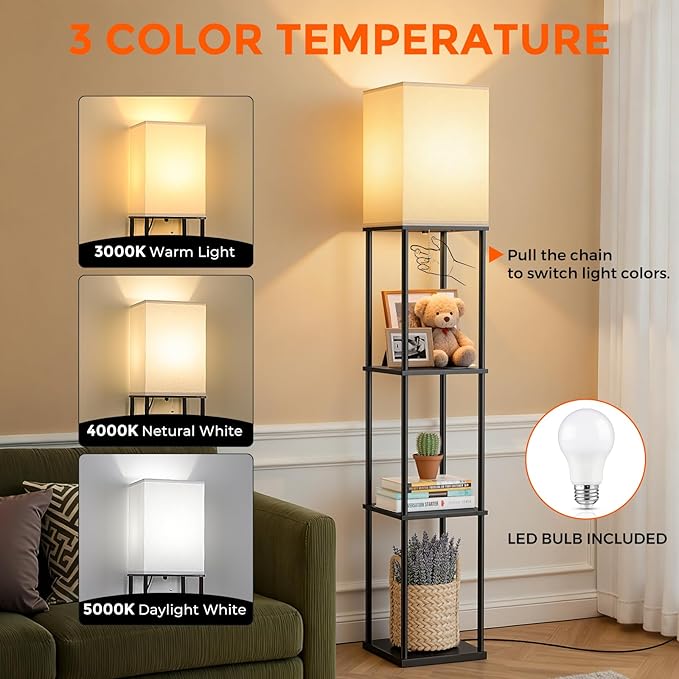 FOLKSMATE Floor Lamp with Shelves, 3-Tier Modern Square Bookshelf Floor Lamp, 3 Color Temperature Bulb Included, Black Floor Lamps for Living Room Bedroom Corner