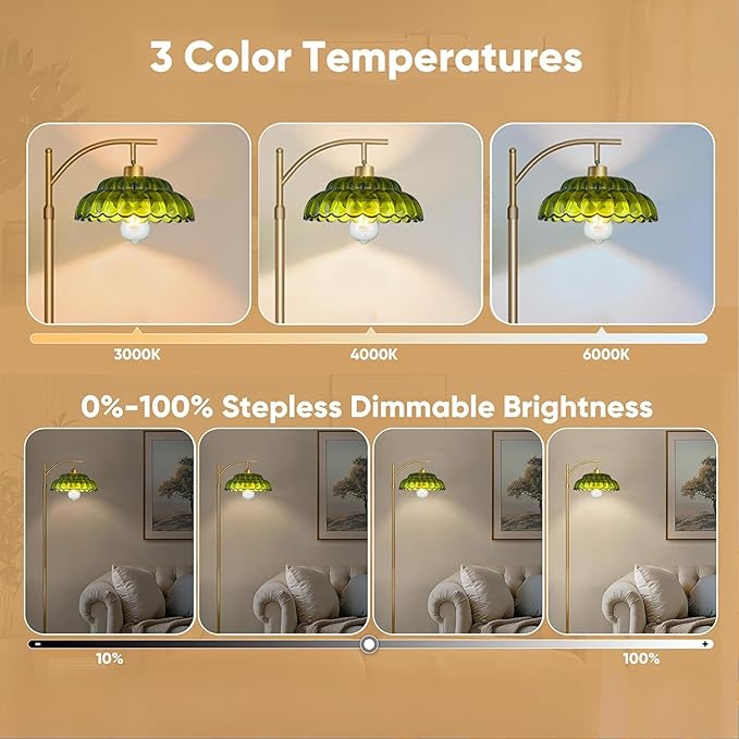 Dimmable Floor Lamp for Living Room, Mid Century Modern Standing Lamp with Green Lamp Shade, Vintage Tall Floor Lamps with Remote, Glass Corner Lamp for Bedroom Office, 12W Bulb Included