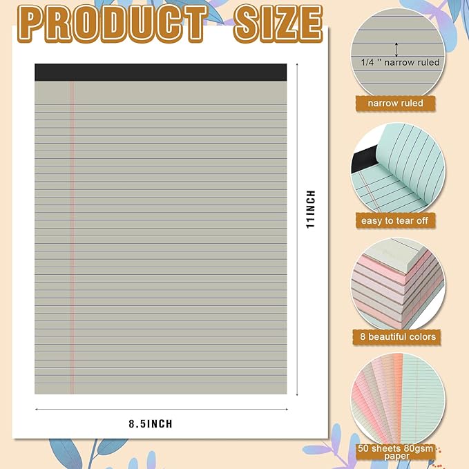 Fuutreo 8 Pcs 8.5'' x 11'' Colored Legal Pad 50 Sheets Per Writing Pads Narrow Ruled Notepad Perforated Writing Notepad Office Supplies for College Office Business (Bohemian Color)
