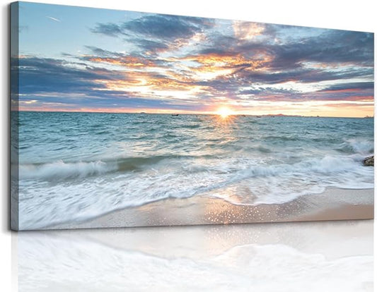 Yxbhhym-Large Coastal Wall Decor Beach Sunset Wall Art Ocean Room Decor Picture Seascape Canvas Prints Poster Waves Sea Artwork for Walls Landscape Painting Bedroom Living Room Office Decorations