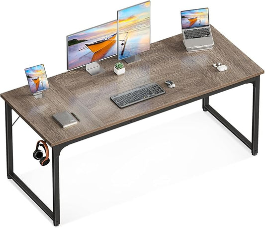 Casaottima 63 Inch Computer Desk for Home Office, Study Writing Table for Small Spaces, Simple Modern Desk with Headphone Hooks, Grey Oak