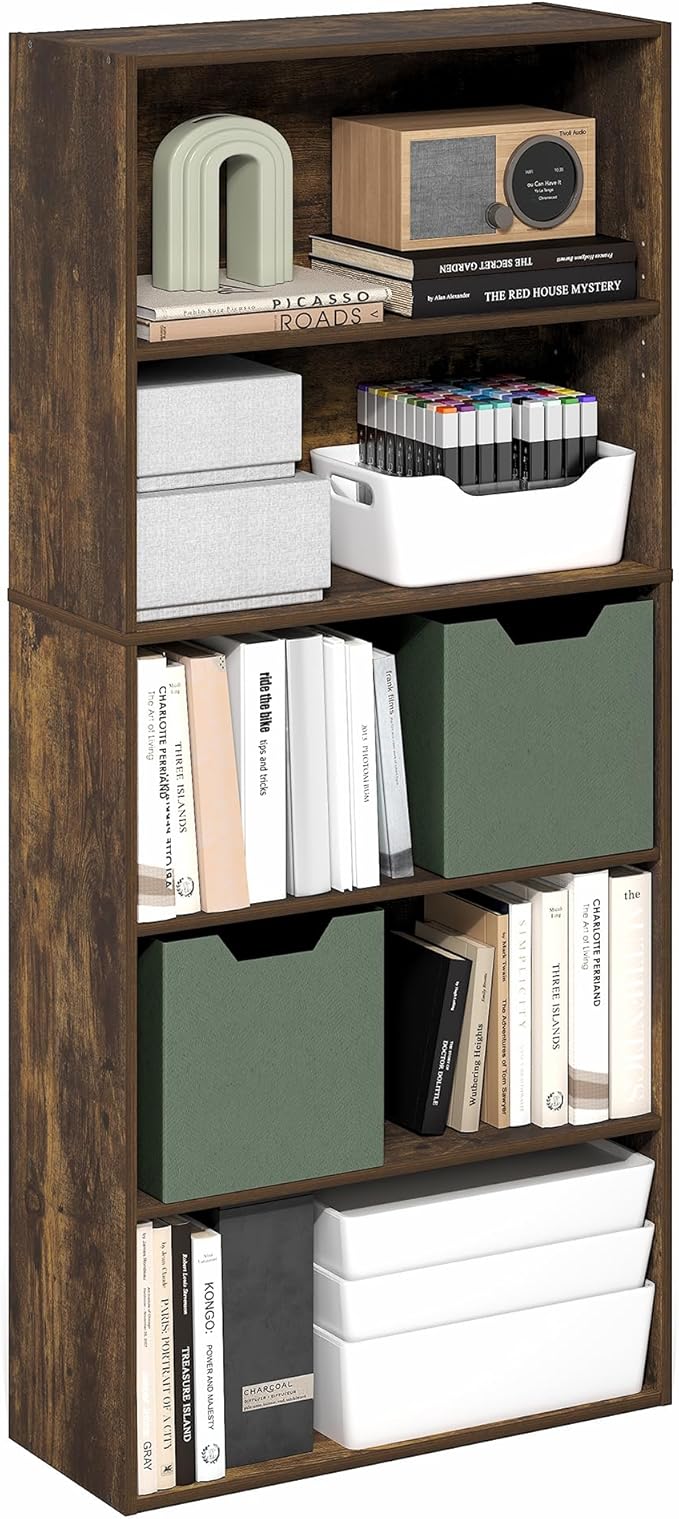 Furinno Jaya Book Shelf, 5-Tier Bookshelf, 52 Inch Tall Standing Bookcase with Adjustable Shelf, 9.5 x 23.6 x 52.6, for Home Office, Bedroom, Living Room, Amber Pine