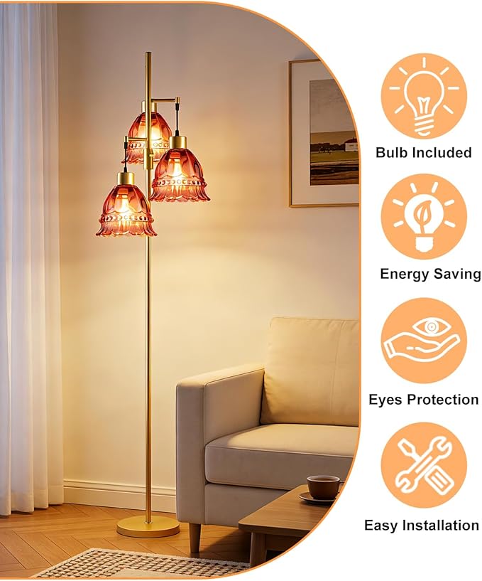 Lightdot 3-Lights Glass Floor Lamp Dimmable Gold Floor Lamp with Deep Red Glass Shade 3000K Bulbs Included Unique Modern Standing Tall Lamp for Living Room/Bedroom/Sofa Beside/Corner Decor