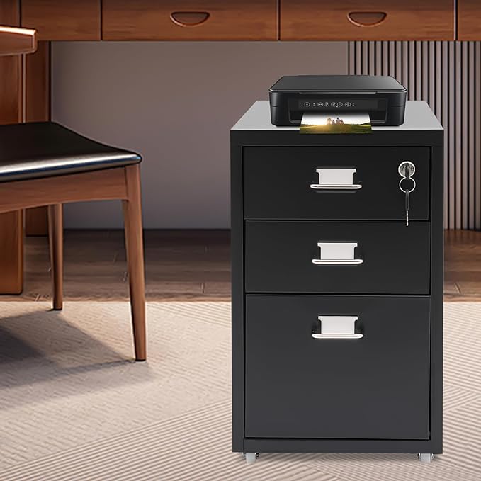 Vertical File Cabinets | 3 Drawer File Cabinet with Wheels| Steel Lockable Storage Cabinets | Metal S-torage Cabinet for Home Office | Storage A4/F4/Letter/Legal (Black-3 Drawers)