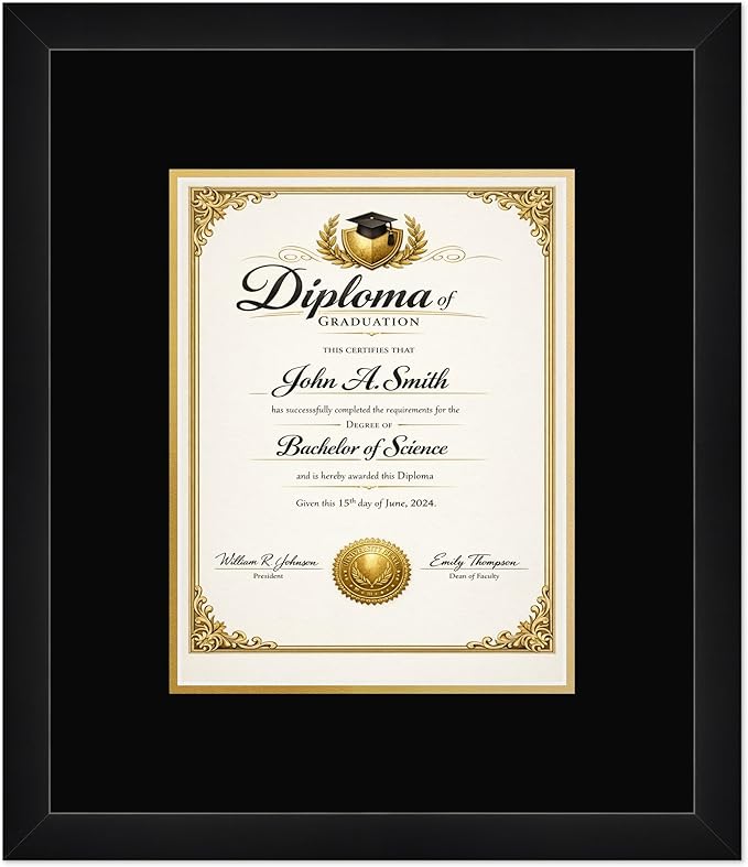CountryArtHouse Diploma Frame Fits 8.5 x 11 Certificate (Portrait) - Keepsake Graduation Display Matte Black Genuine Hardwood with Black Over Metallic Gold Double mat