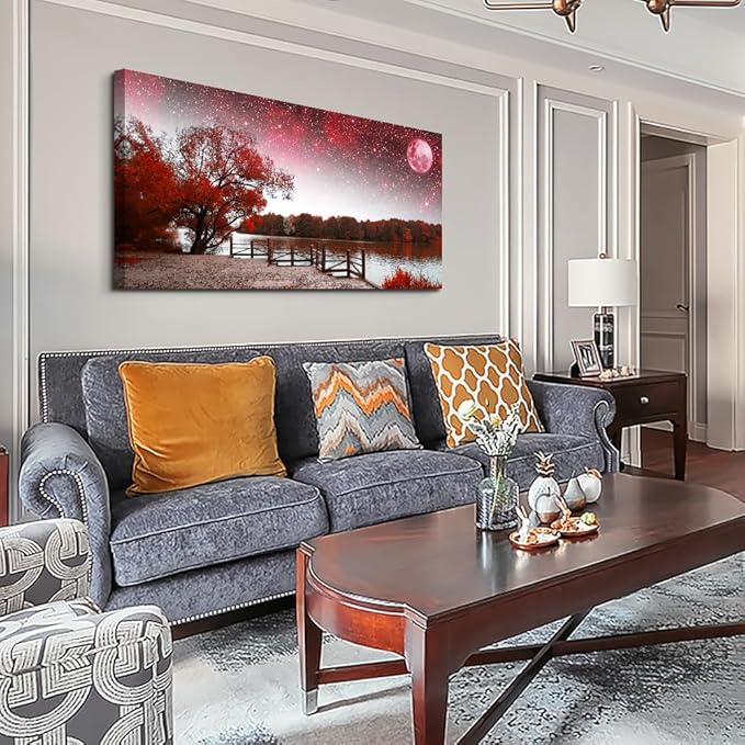 Lapremoly Large Canvas Wall Art For Living Room Modern Wall Decor For Bedroom Red Tree Landscape Wall Paintings Starry Sky Wall Pictures Framed Prints Artwork Office Decor Room Home Decor 24X48 inch