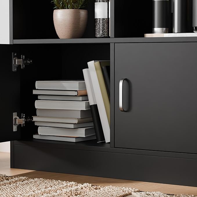 Cozy Castle 70" Tall Black Bookshelf with 12 Cubes and 2 Doors, 4-Tier Open Shelf Bookcase with Cabinet, Modern Cube Storage Organizer for Living Room, and Office