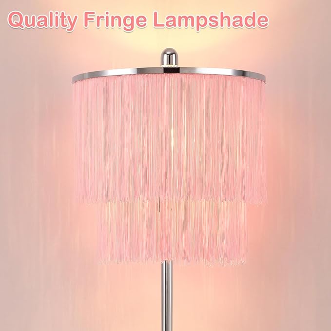 Modern Floor Lamp with Pink Tassel Lampshade for Girls Room, 63" Tall Fringe Standing Bedroom Lamp with Soft Lighting, Boho Stand Up Corner Pink Lamp for Living Room（Bulb Included）
