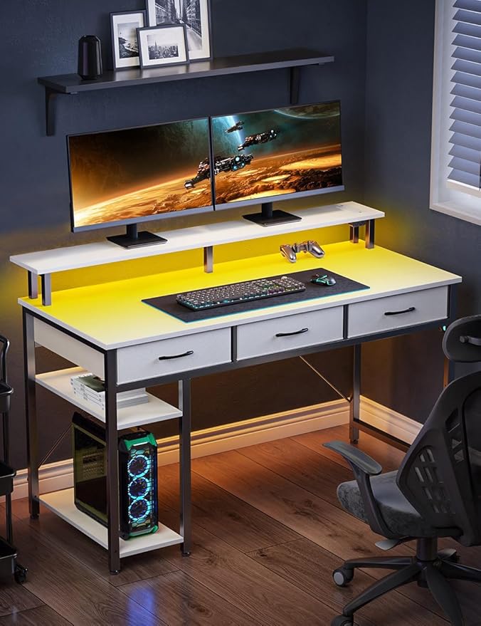 Rolanstar Computer Desk with Power Outlets & LED Light, 55 inch Home Office Desk with Drawers and Storage Shelves, Writing Desk with Monitor Stand, Modern Work Study Desk for Home Office, White
