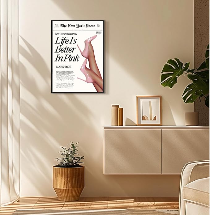 Trendy Baby Pink Hot Girl Poster Life Is Better In Pink Newspaper Wall Art Retro High Heel Picture 70s News Headline Canvas Prints Aesthetic Decor for Girly Bedroom Dorm 24x36inch Aluminum Framed