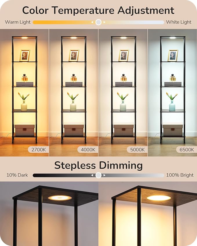 EDISHINE RGBW Modern Floor Lamp, 5-Tier Display Shelf with Light, Adjustable Brightness & Color Temperature, 3 Lighting Modes, Remote Control, Stable Floor Lamps for Living Room, Bedroom, Study, Black