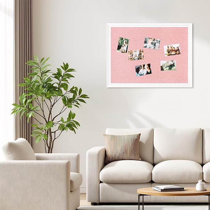 DOLLAR BOSS Bulletin Board with Linen 36'' x 24'' White Framed Cork Boards for Walls, Photo Display Pin Board, Decorative Corkboard for Office Home School Girls Dorm Decor with 10 Pushpins, Pink