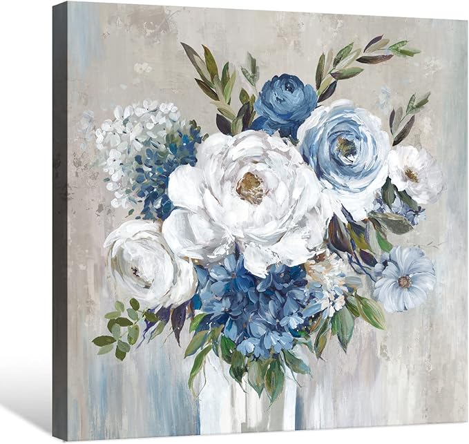 Goldfoilart Blue Flower Wall Art for Living Room White Floral Canvas Pictures Modern Paintings Framed Artwork for Bedroom Bathroom Dining Room Office Wall Decor 24" x 24"
