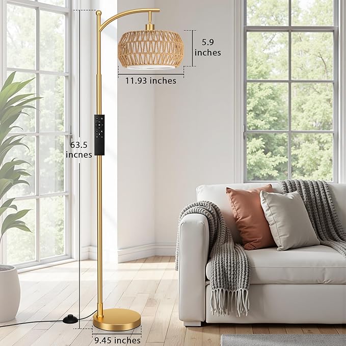 Ambimall Arc Floor Lamp for Living Room with Remote, Color Temperature & Brightness Adjustable, Bohemia Standing Lamp with Rattan & Fabric Double Drum Shades, Bulb Included(Gold)